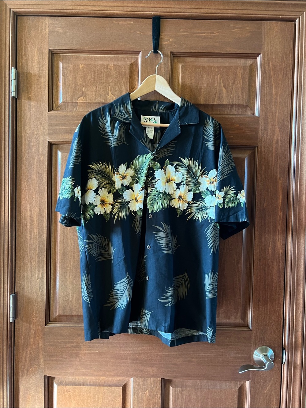 KY’s Aloha Shirt 100% Cotton Hibiscus Border Black Size L